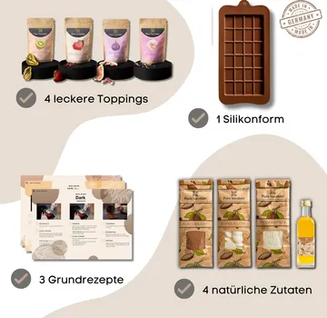 Chocolate ingredients and tools displayed with labels.