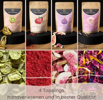 Four fruit toppings displayed in pouches.