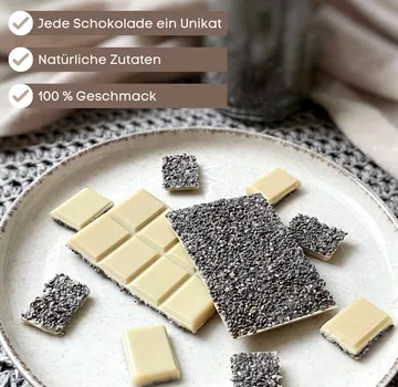 White chocolate bars with chia seeds on plate.