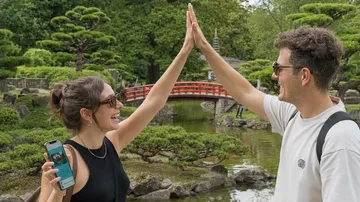 Two people high-five in a garden.