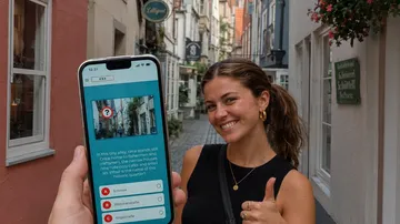 Frau zeigt Daumen hoch nahe Quiz-Handy.