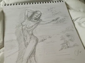 Nude drawing of a woman on the beach with outlines of people.
