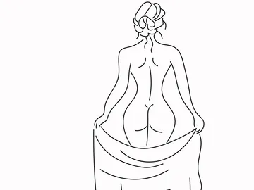 Eine nackte Figur hält ein Tuch im Rücken.