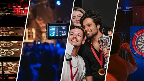 Collage: beer pong, filming, winners, darts tournament.