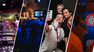 Four sections: beer pong, video recording, selfie, darts.