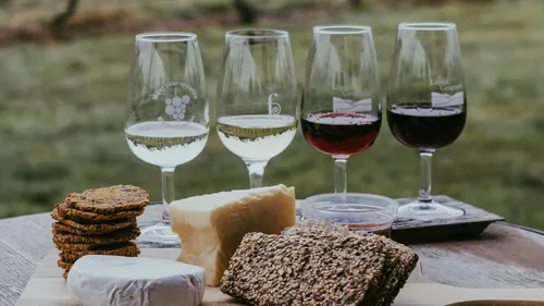 Four wine glasses with cheese and crackers outdoors.