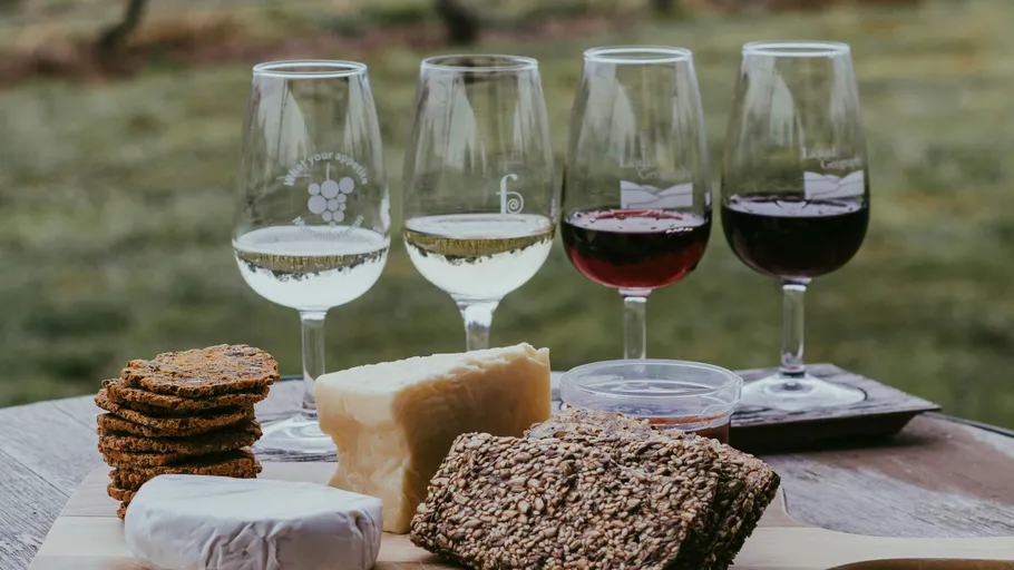 Four wine glasses with cheese and crackers outdoors.