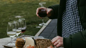 Person probiert Wein, Picknick im Freien.