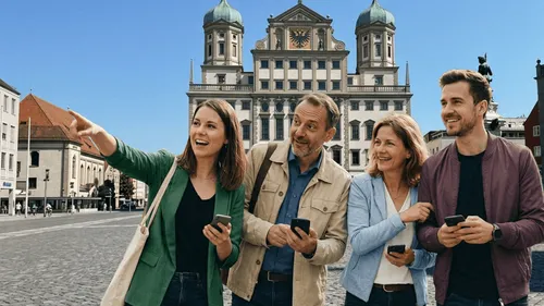 Group using phones by historic building.