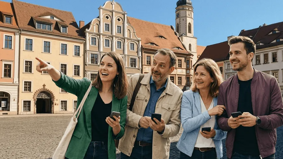 Gruppe hält Handys, lächelnd, historischer Stadtplatz.
