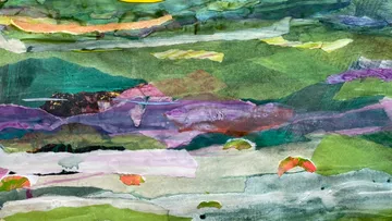Abstrakte Landschaft mit Farbschichten und Texturen.