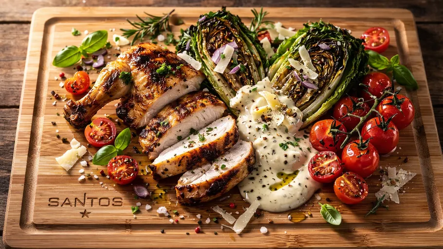 Grilled chicken with vegetables on wooden board.