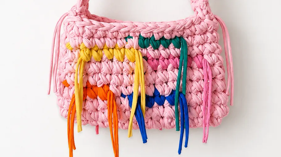Rosa geflochtene Handtasche mit bunten Quasten.