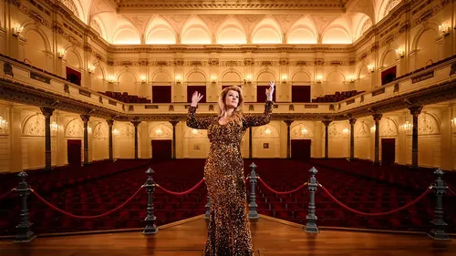 Woman in gown posing in grand theater.
