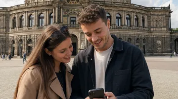 Couple looking at phone outside historical building.