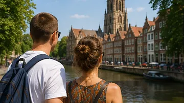 Paar betrachtet historische Gebäude am Kanal.