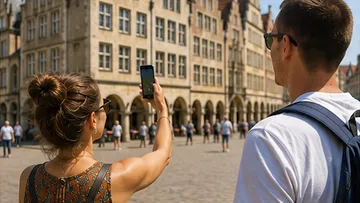 Zwei Personen fotografieren einen historischen Platz.