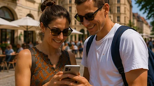 Two people smiling at phone outdoors.