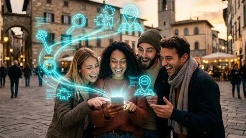 Vier Freunde benutzen Smartphone im Freien.