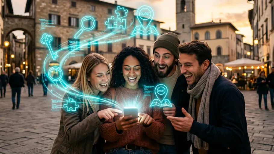 Vier Freunde benutzen Smartphone im Freien.