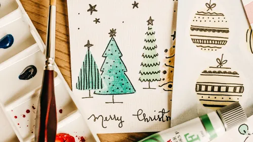Hand-drawn Christmas trees and decorations, painted.