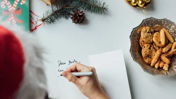 Person schreibt Brief an Santa, Kekse daneben.