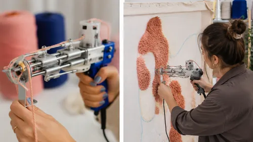 Person using tufting gun on textile art.