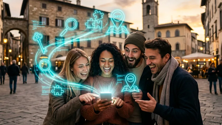 Vier Personen nutzen Smartphone auf Stadtplatz.