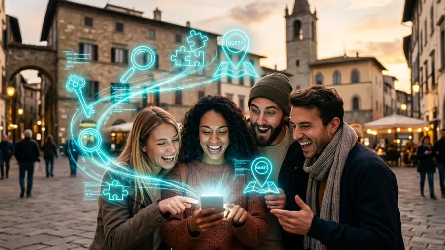 Gruppe betrachtet Handy mit digitalen Grafiken draußen.