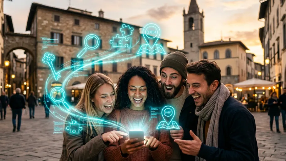 Gruppe von Freunden nutzt Smartphone im Freien.