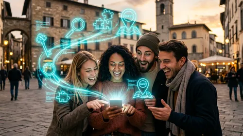 Friends laughing at phone with digital overlays.