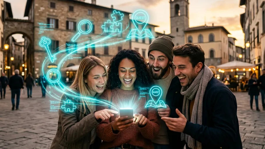 Freunde lachen über Telefon mit Digitalüberlagerungen.
