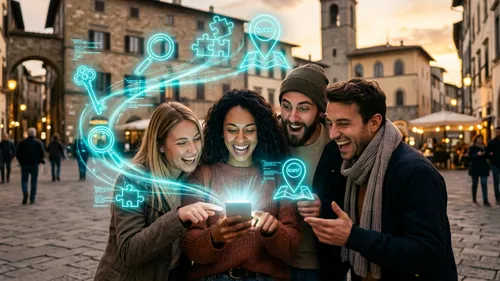 Gruppe schaut auf Smartphone, Stadt im Hintergrund.