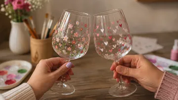 Zwei dekorierte Weingläser stoßen drinnen an.