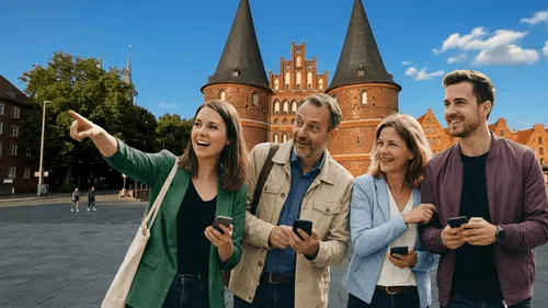 Group pointing near Holstentor, Lübeck.