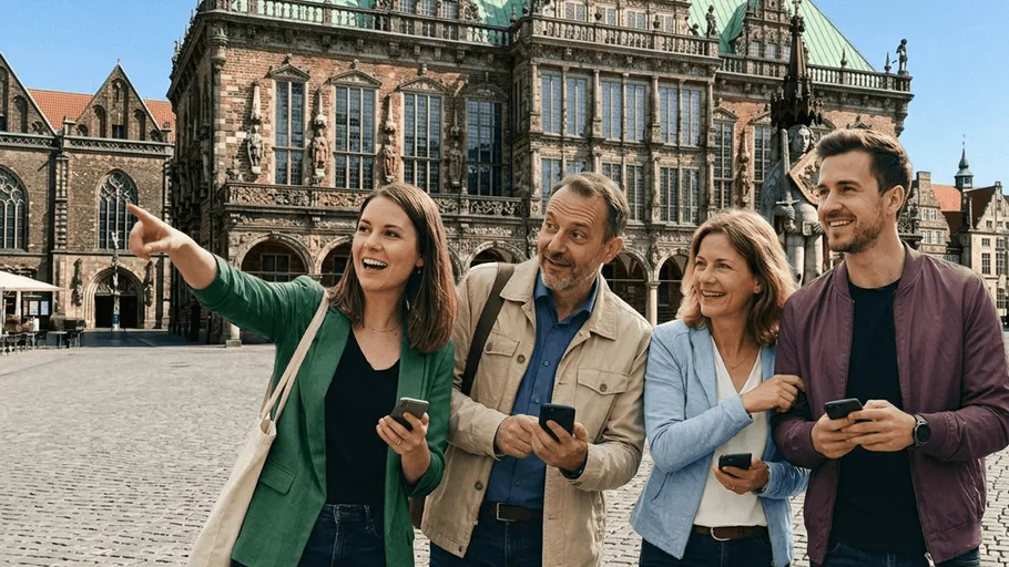 Gruppe lächelt, zeigt, mit Handys vor historischem Gebäude.