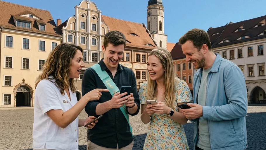 Gruppe Freunde lachen über Handys draußen.