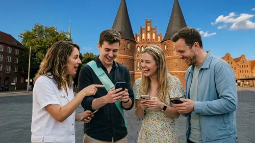 Four people laughing with smartphones outdoors.
