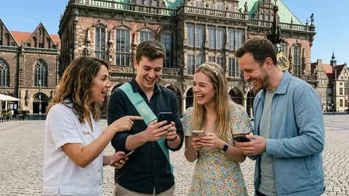 Vier Personen lächeln und sehen auf Handys draußen.