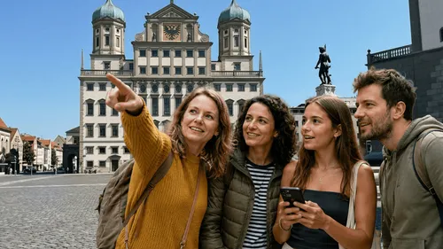 Four people pointing, smiling in urban square.