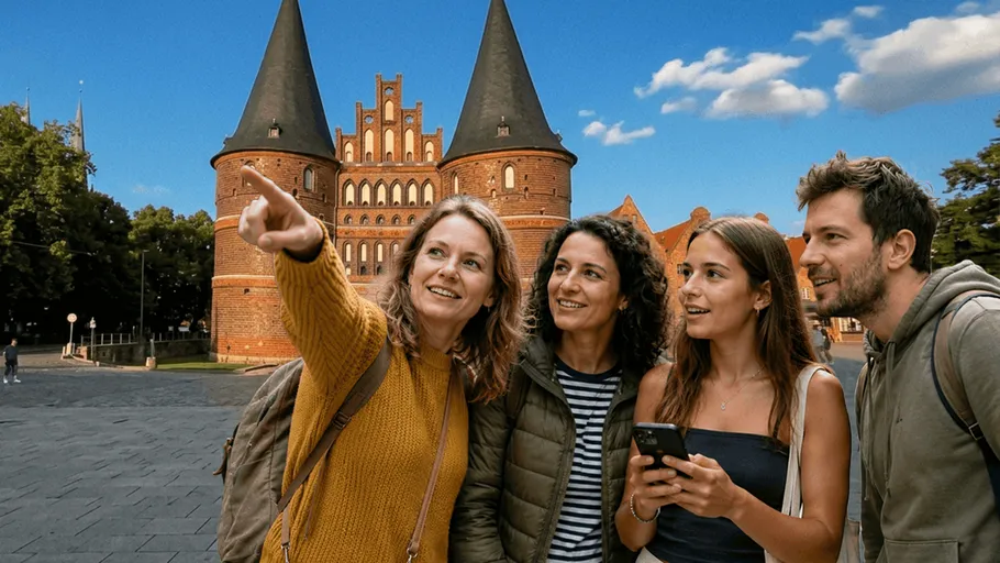 Gruppe zeigt nahe mittelalterlichem Tor, Lübeck.