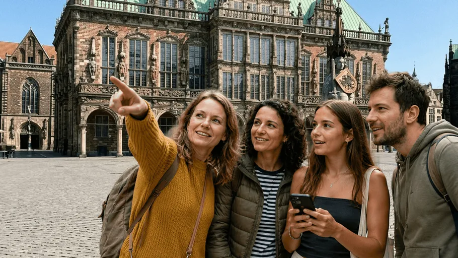 Group sightseeing near historic building.