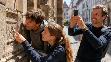 Drei Personen betrachten historische Wand im Freien.