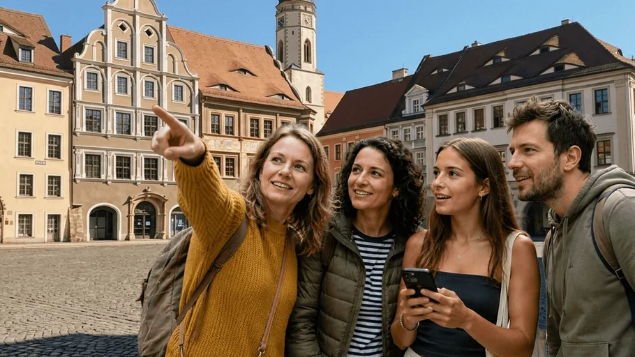 Vier Freunde besichtigen historischen Marktplatz.