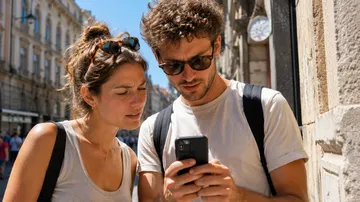 Paar schaut auf Smartphone, Stadtstraße.