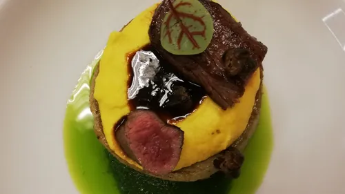 Gourmet dish with meat and yellow sauce.