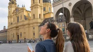 Two women admire historic building outdoors