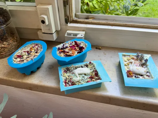 Selbstgemachte Seifen in Formen am Fenster.