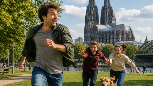 People running joyfully near a cathedral park.