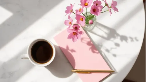 Kaffee, Notizbuch und Blumen auf sonnigem Tisch.